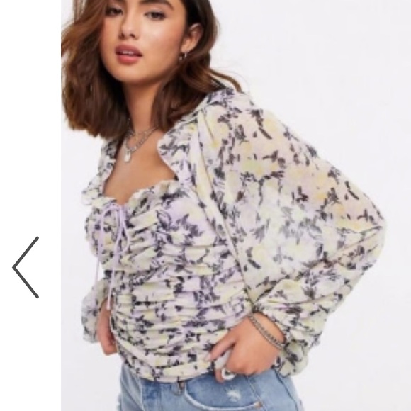 FREE PEOPLE BOHO LILAC PATTERN RUCHED SMOCKED PEASANT BLOUSE TOP SIZE SMALL - Picture 2 of 15